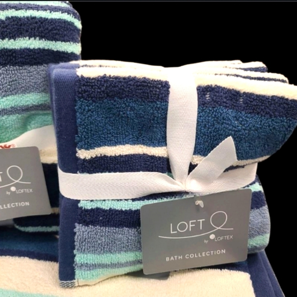 8pc Loft Turquoise Cream Blue Striped Cotton Bath Hand Washcloth Towel Set New - Picture 3 of 10